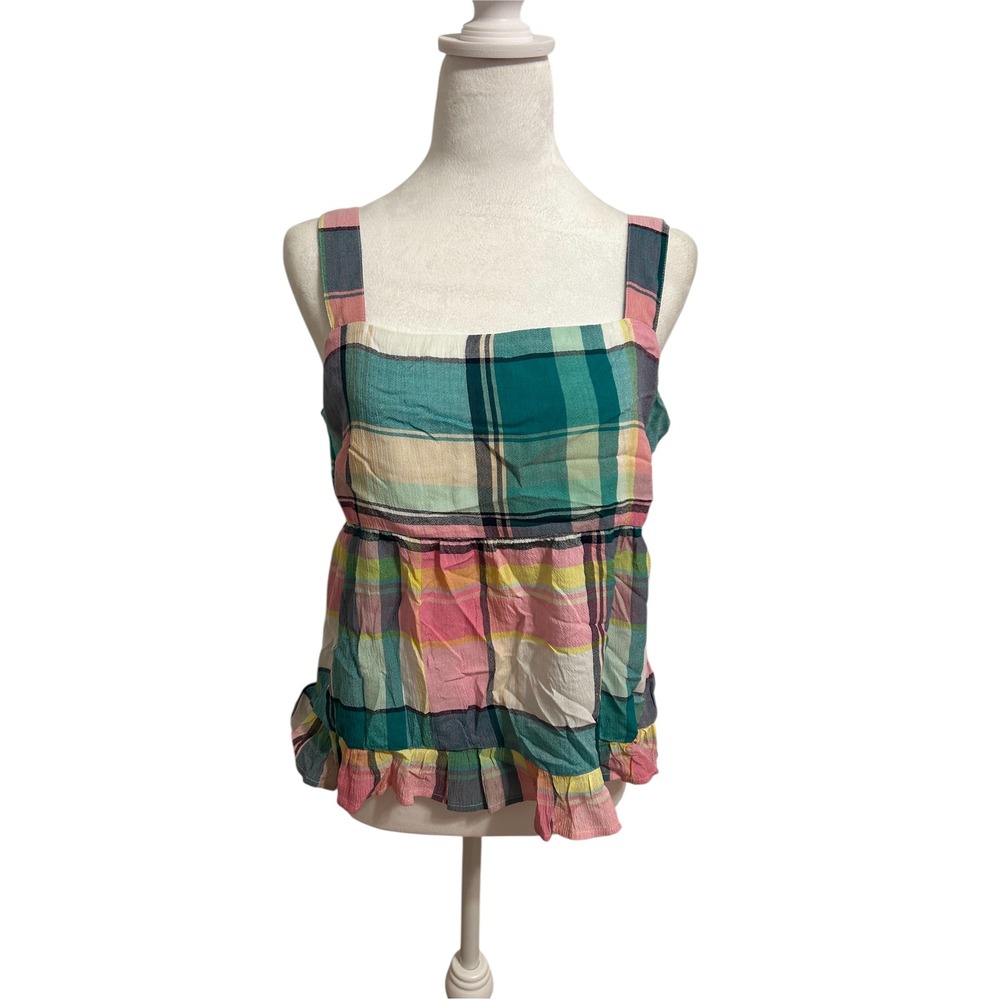 Loft Plaid 8P ruffle tank bow‎ babydoll top pink green cottage square neck prep